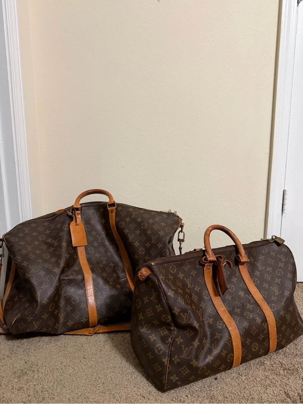 Louis Vuitton Brown Monogram Canvas Travel Duffel with Tan Leather Trim
